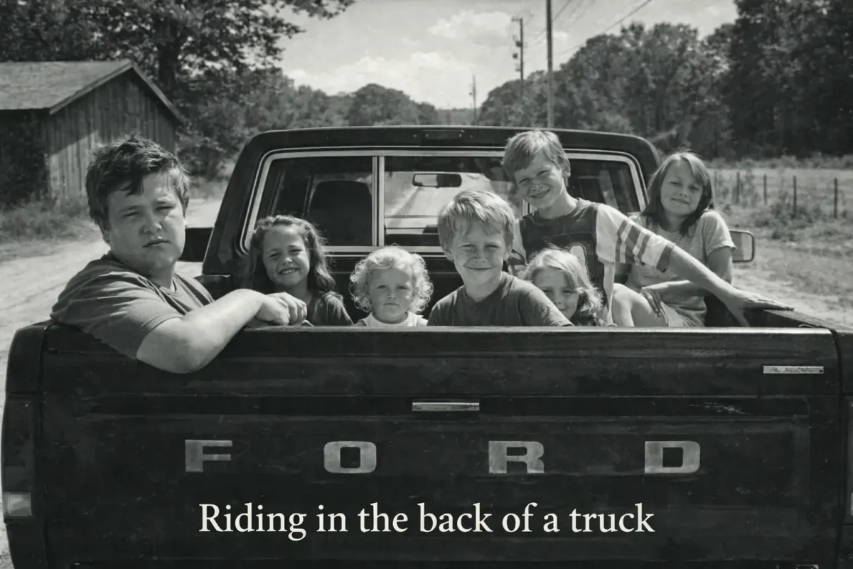 riding in the back of a truck, no seat belts and no adults