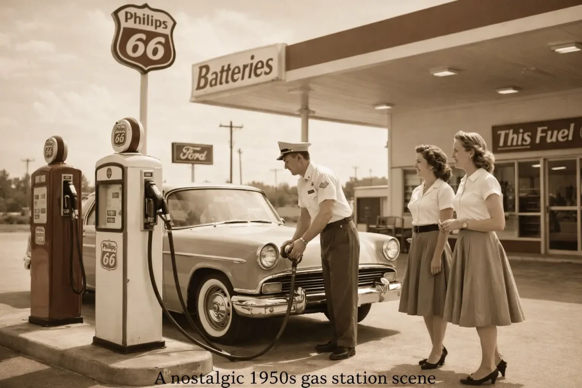 A nostalgic 1950s gas station scene